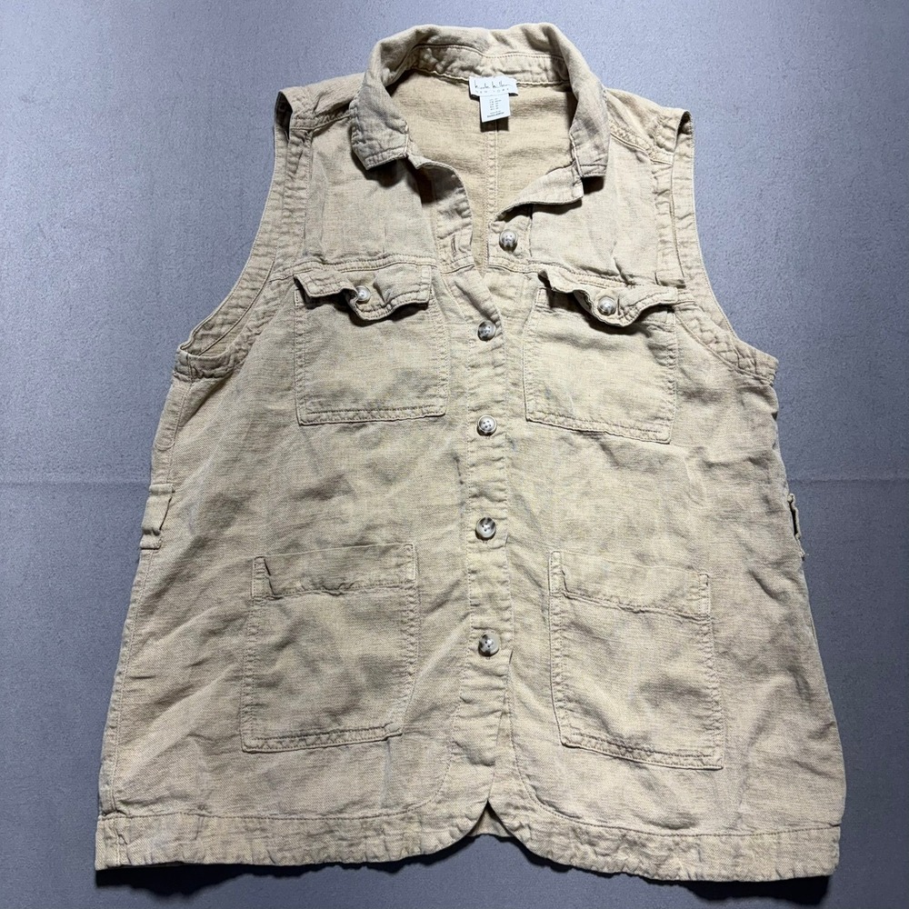 Nicole Miller New York Linen Blend Utility Vest Tan Khaki Button Front Womens M